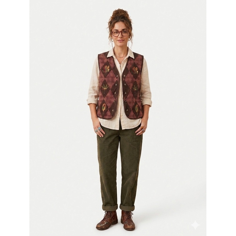 Vintage 90s Bechamel Argyle Leaf Vest Women M Brown Embroidered Fall Cottagecore